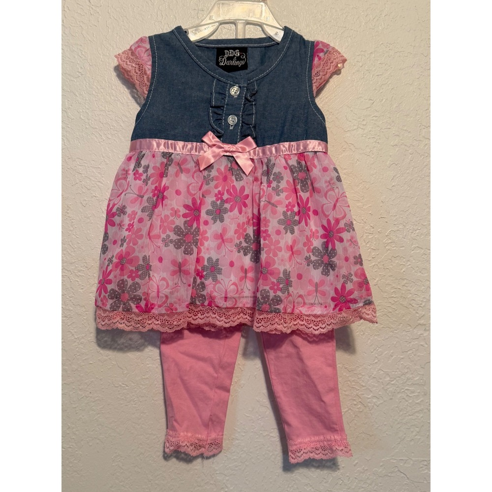 DDG‎ Darlings Baby Girls 18M Denim Floral Dress and Pink Leggings Outfit Set